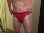 White boy torturing his bladder in hot pink briefs