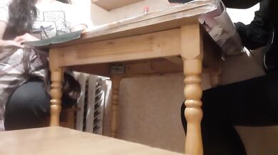 Two weeks of sex sessions under the table with a hungry brunette who moans as she licks till she drains me