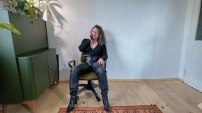 custom video broken brakes pedal pumping in leather toe pointed boots, driving in tight leather pants