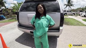 ”Roadside XXX - Ebony Babe bangs her mechanic so he will fix her car asap”