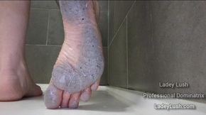 Dirty sweaty feet being cleaned