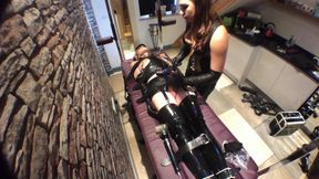 Edging & E stim nipple play on my bound latex slave