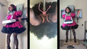 Sissy Maid with Her Serving Tray Riding Her Dildo Stand