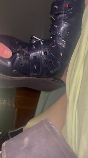 My Sister's Boots Feel Amazing! My Cock Fits Perfectly Tight Inside Brie's Demonia Boots (Size 10) Foot Fetish Goth Leather