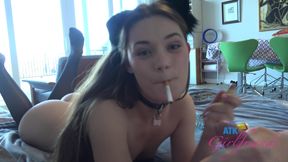 POV-Juniper Ren  gets fucked to orgasm,  pees in a bowl, smokes then sucks you, and finishes with a cum-covered footjob.