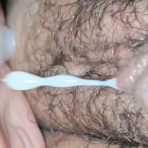 Mature housewife and her creamy hairy pussy, massive creamie, cum inside pussy