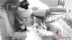 Ebony milf give Don Whoe head on his bike