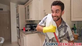 Brunette skank Demi Lowe fucks with her help in the kitchen