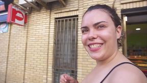 Amateur European brunette with big tits gives a sloppy blowjob to a black cock.