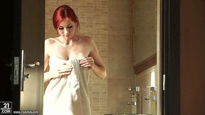 Hot like fire ginger babe Kattie Gold is masturbating in the shower