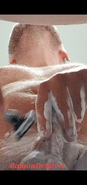 Master Ramon shaves his divine cock with lots of soft silky foam around his divine balls