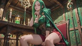 Green-Haired Sorceress Private Morning! Gothic Cathedral & Bedroom Fantasy, holding a staff yet hiding her seductive charm. From solemn gazing to lazy bedroom poses on silky sheets, the tingling sensation of fabric against skin. This forbidden tempta
