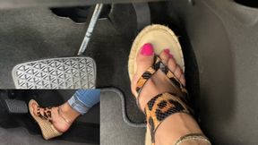 PiP Revving in the Buick in Leopard Wedge Espadrille Mules & Barefoot