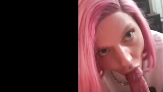 Sissy neighbor Seanna Gene gets a massive creampie after a deepthroat blowjob and hard dick pounding