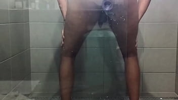 Fucking my dildo on the shower screen