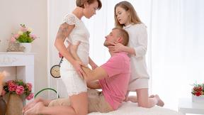 ”Cuties drag a dude into an groupsex”