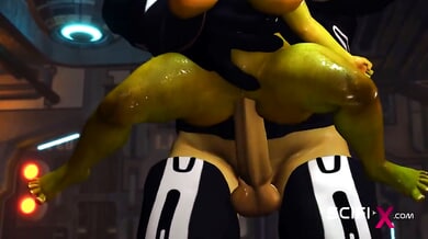 Submissive alien takes deep anal in a spacecraft during a cartoonish sci-fi encounter