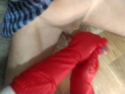 Cumming hard from my jerking off with rubber gloves POV