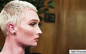 Small tits blonde shemale Kai Lani gets barebacked by a guy