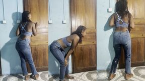 Lucia has a pee accident waiting for the bathroom - Ebony Pee Desperation Jeans Wetting