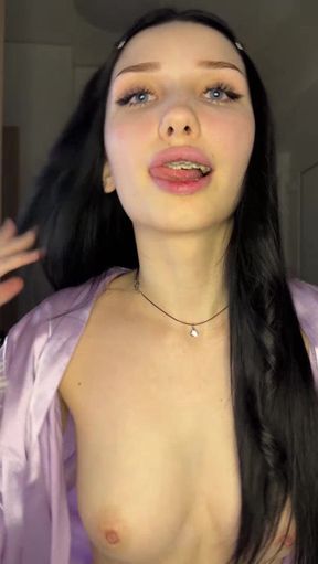 Teen with braces shows off her natural tits