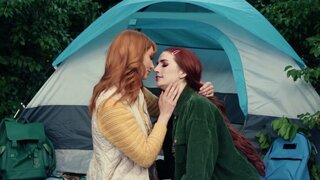 Naughty redhead fists neighbor's tight pussy outdoors