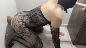 Masked solo in Fishnets Riding a Wall-Mounted Dildo