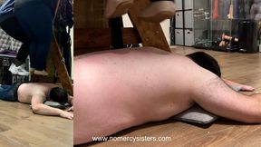 Sisters trampling and jumping all over him without care or mercy