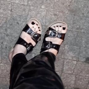 crossdresser on a night walk shows her sexy feet