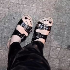 crossdresser on a night walk shows her sexy feet