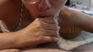 Cute Chinese pov Blowjob Girlfriend Watching TV, Sensual Moaning, cum in mouth cumshot