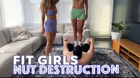Fit Girl Nut Destruction: Femdom Lord Maria and Princess Paulina bully beta male loser in hardcore ballbusting scene