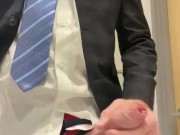 Suited manager masturbating at work - horny, hard and uncut straight guy cumming