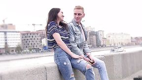 Natural brunette Adel closes eyes while giving a solid blowjob to stud