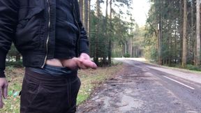 Boy with thick manhood stroking and cumming near the street