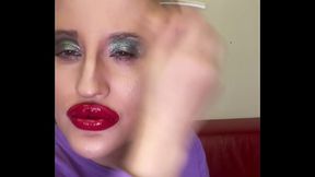 Transformation into big red lips bimbo