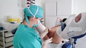 During a prostate massage, I give my patient a gloved handjob ending in a cum fountain.