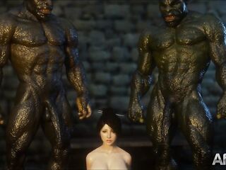 cg animation thressome with orcs and a large bazookas girl