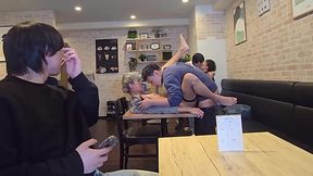 Asian bottom gets double raw fuck on cafe table after messy public BJ – gay