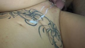 Tattooed brunette gang banged hard and milked