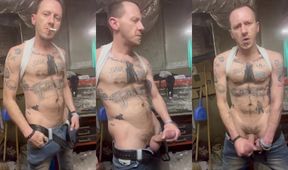 Hot trashy smoker jerks his big cum soaked cock while drinking beer