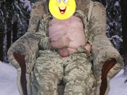 Ukrainian soldier jerks off in the winter forest.