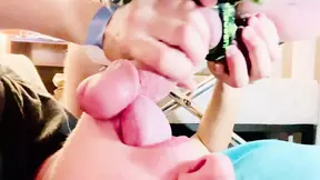 Athena gets under table and milks massive multiple loads