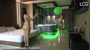 Adriana And Sofi Wearing High Heels Play With Big Green Baloon And Burst It