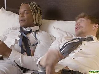 Work colleagues Ethan Chase and Adrian Hart jerking off side by side