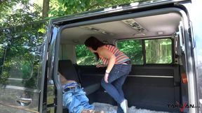 Horny and fat slut is riding a massive dong really greedily