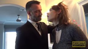 Fancy English whore rammed in pussy and mouth