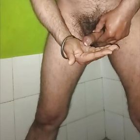 Indian middle age man use toilet brush and masterbate