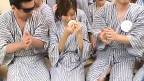Mature Chihiro Akino Seduces Blindfolded Man While Crowd Watches Eagerly