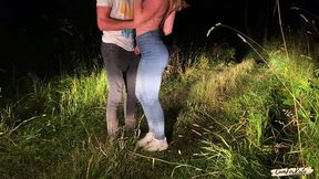 Obedient Russian GF gives POV blowjob and gulps down his load in the forest